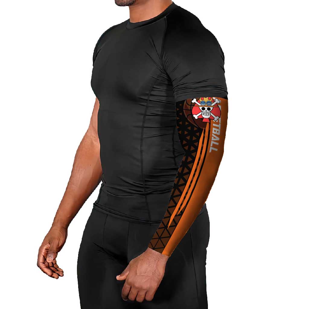 Portgas D Ace One Piece Basketball Theme Orange and Black Design Arm Sleeves with Flame Ball and Whitebeard Pirates Emblem - The Mazicc