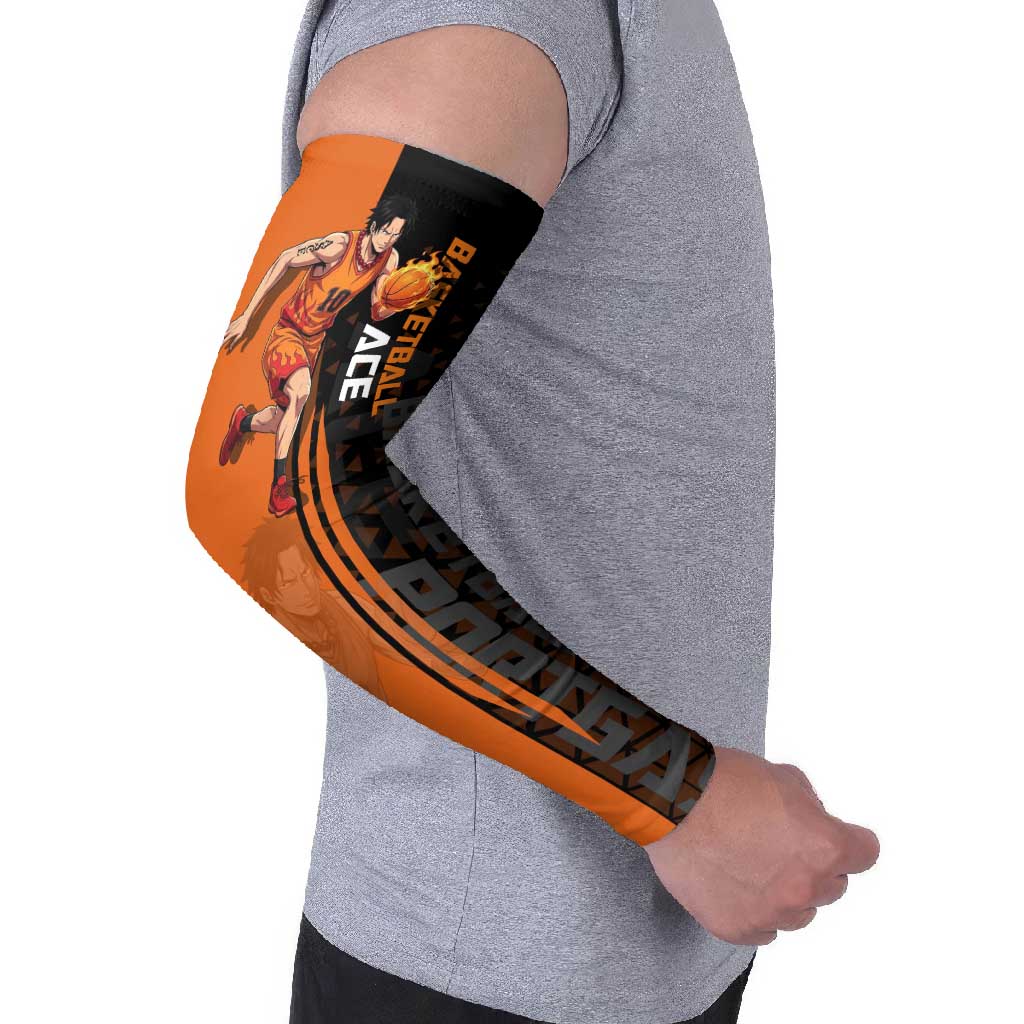 Portgas D Ace One Piece Basketball Theme Orange and Black Design Arm Sleeves with Flame Ball and Whitebeard Pirates Emblem - The Mazicc