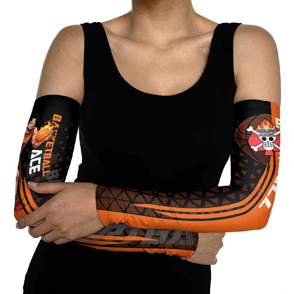 Portgas D Ace One Piece Basketball Theme Orange and Black Design Arm Sleeves with Flame Ball and Whitebeard Pirates Emblem - The Mazicc