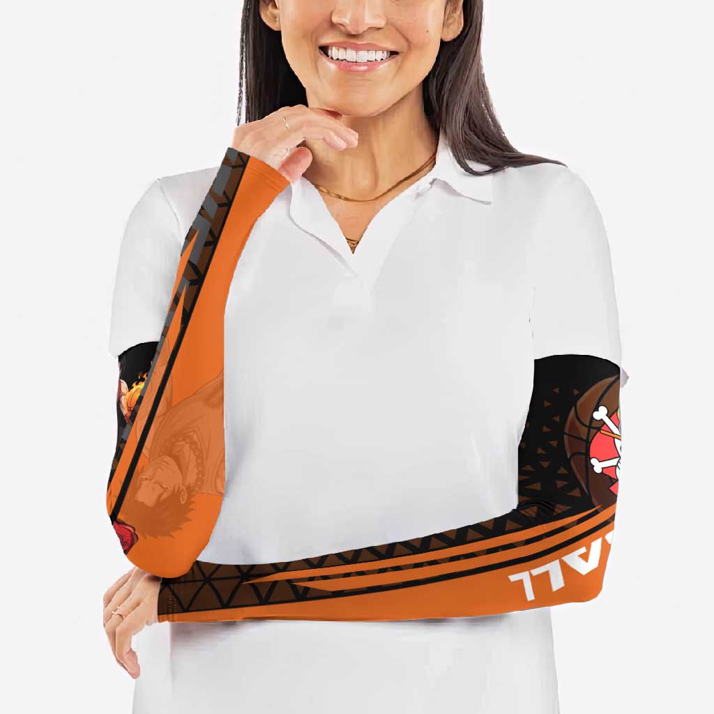 Portgas D Ace One Piece Basketball Theme Orange and Black Design Arm Sleeves with Flame Ball and Whitebeard Pirates Emblem - The Mazicc