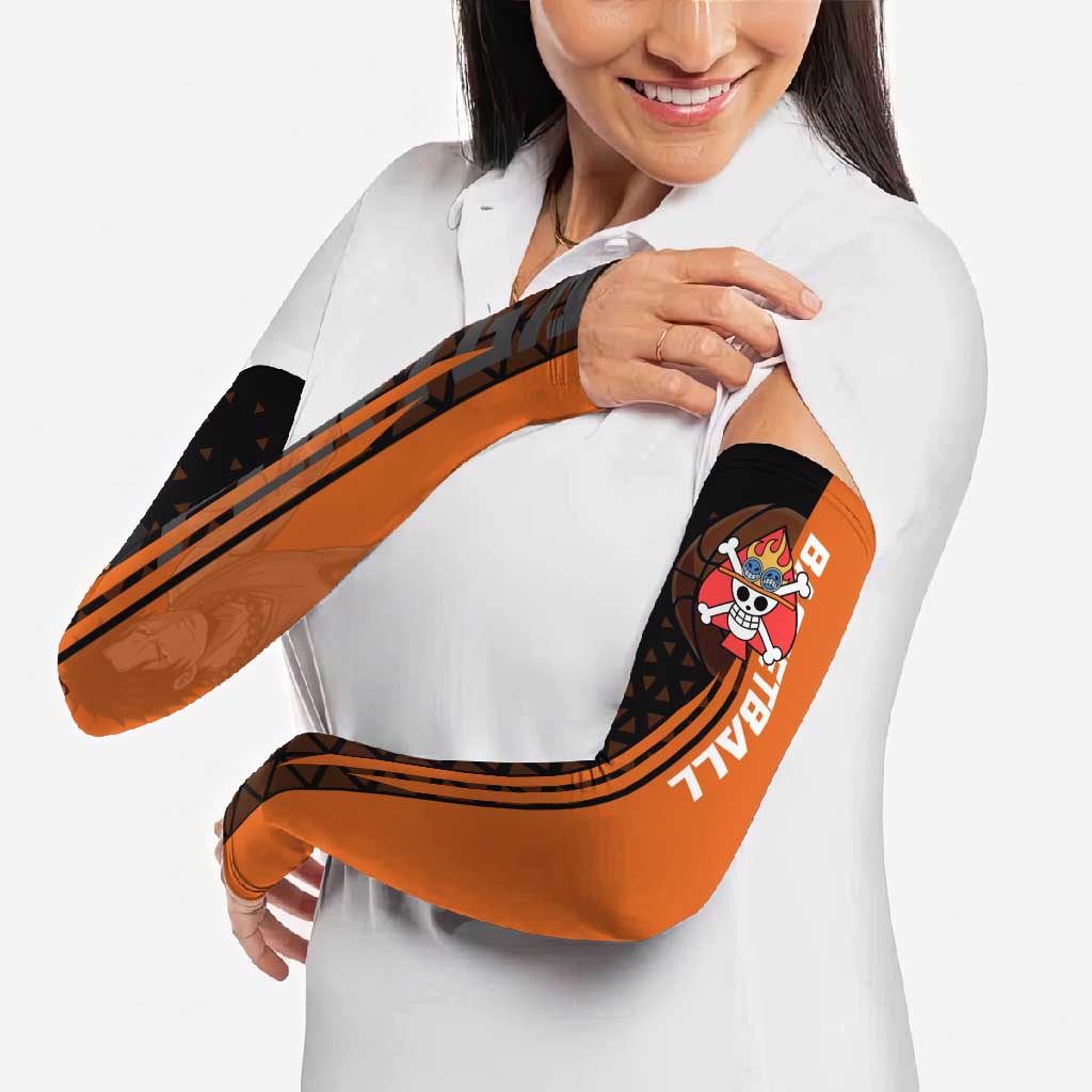 Portgas D Ace One Piece Basketball Theme Orange and Black Design Arm Sleeves with Flame Ball and Whitebeard Pirates Emblem - The Mazicc