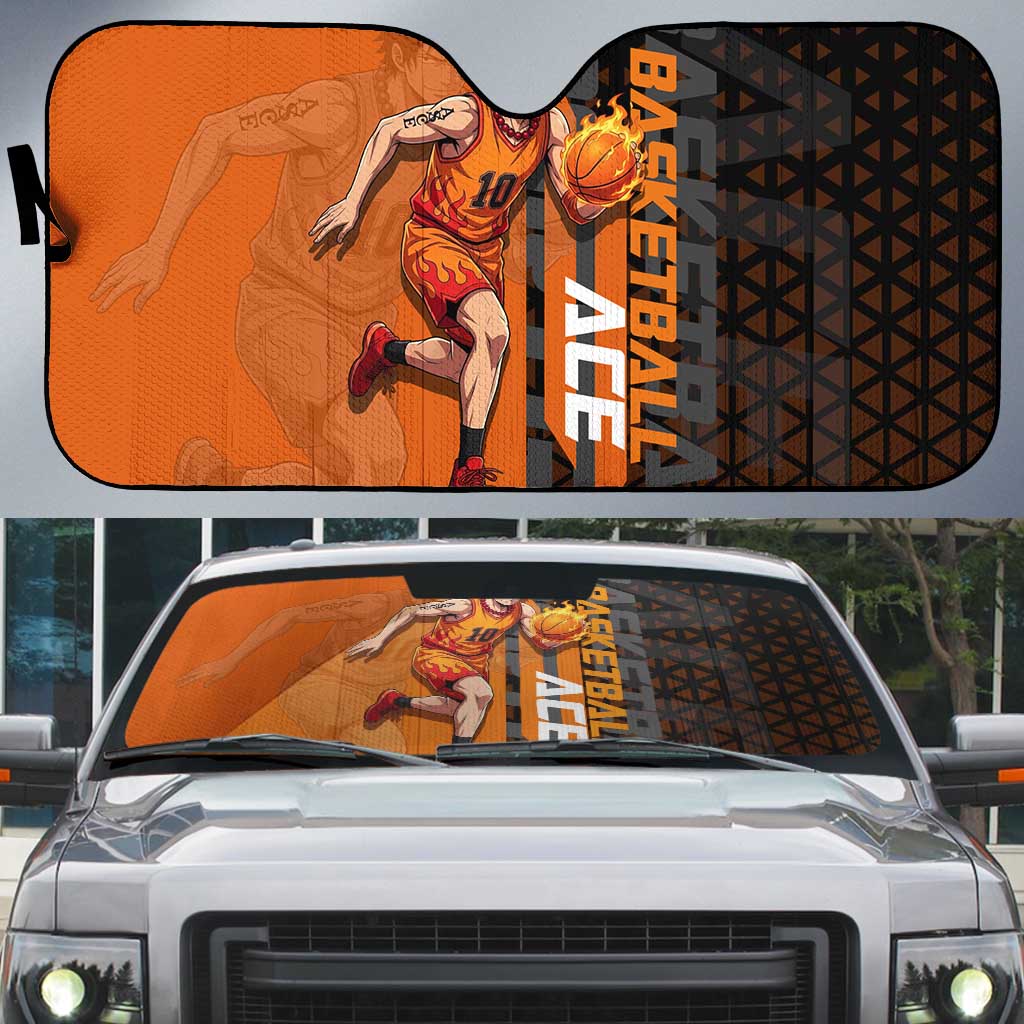 Portgas D Ace One Piece Basketball Theme Orange and Black Design Auto Sun Shade with Flame Ball and Whitebeard Pirates Emblem - The Mazicc