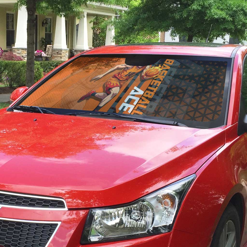 Portgas D Ace One Piece Basketball Theme Orange and Black Design Auto Sun Shade with Flame Ball and Whitebeard Pirates Emblem - The Mazicc