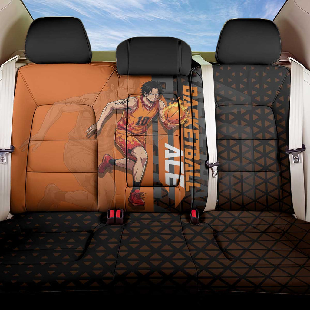 Portgas D Ace One Piece Basketball Theme Orange and Black Design Back Car Seat Cover with Flame Ball and Whitebeard Pirates Emblem - The Mazicc