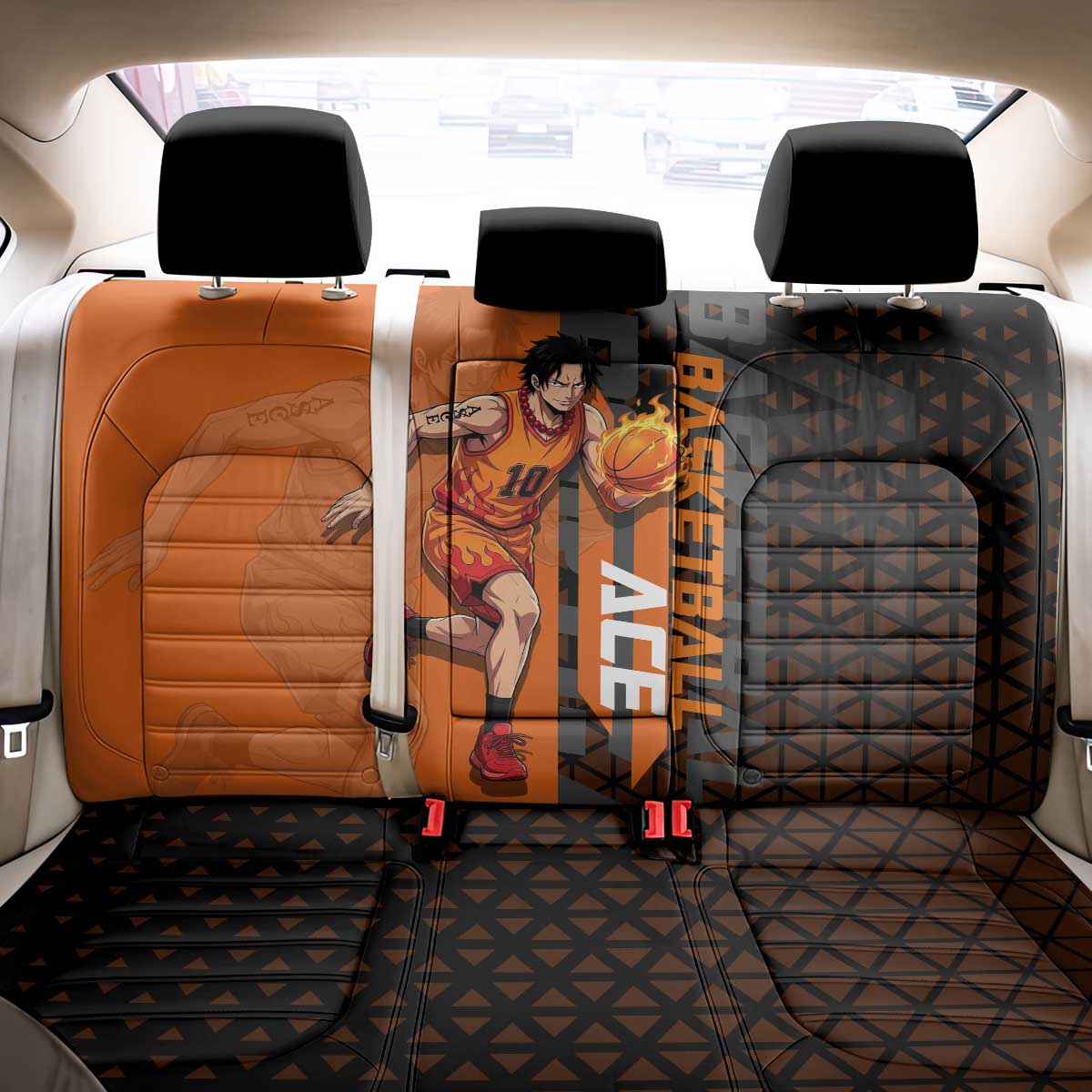 Portgas D Ace One Piece Basketball Theme Orange and Black Design Back Car Seat Cover with Flame Ball and Whitebeard Pirates Emblem - The Mazicc