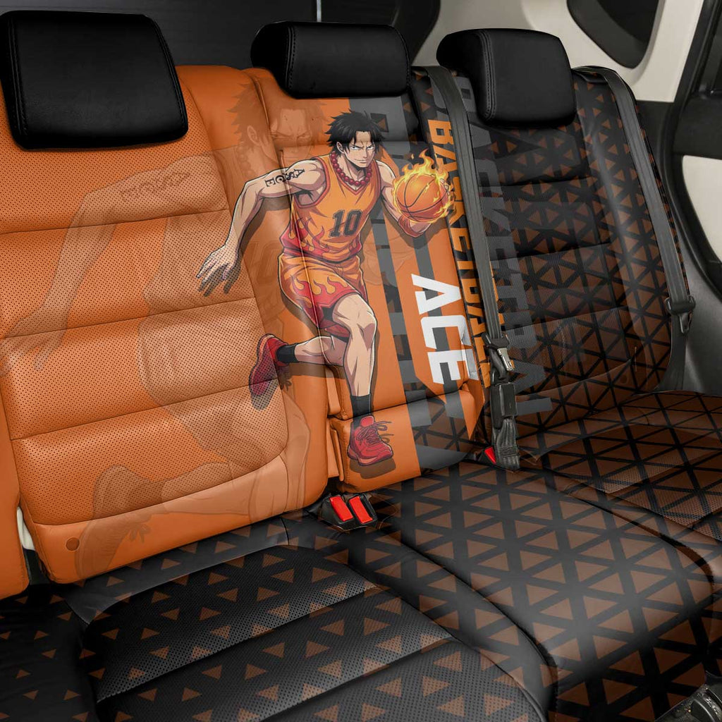 Portgas D Ace One Piece Basketball Theme Orange and Black Design Back Car Seat Cover with Flame Ball and Whitebeard Pirates Emblem - The Mazicc