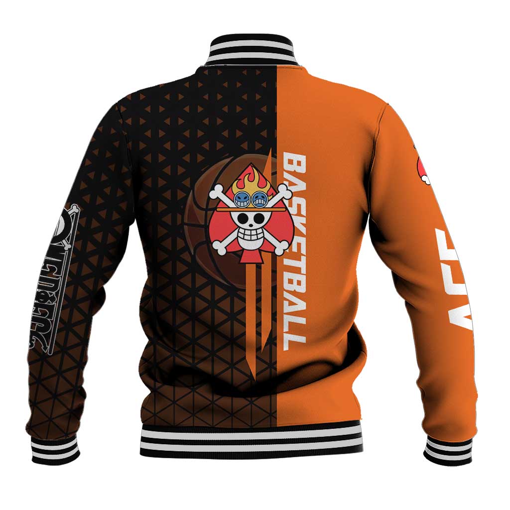 Portgas D Ace One Piece Basketball Theme Orange and Black Design Baseball Jacket with Flame Ball and Whitebeard Pirates Emblem - The Mazicc