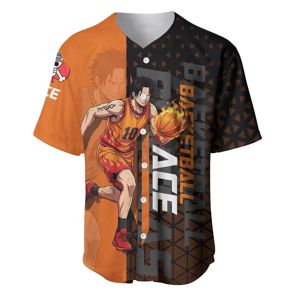 Portgas D Ace One Piece Basketball Theme Orange and Black Design Baseball Jersey with Flame Ball and Whitebeard Pirates Emblem - The Mazicc