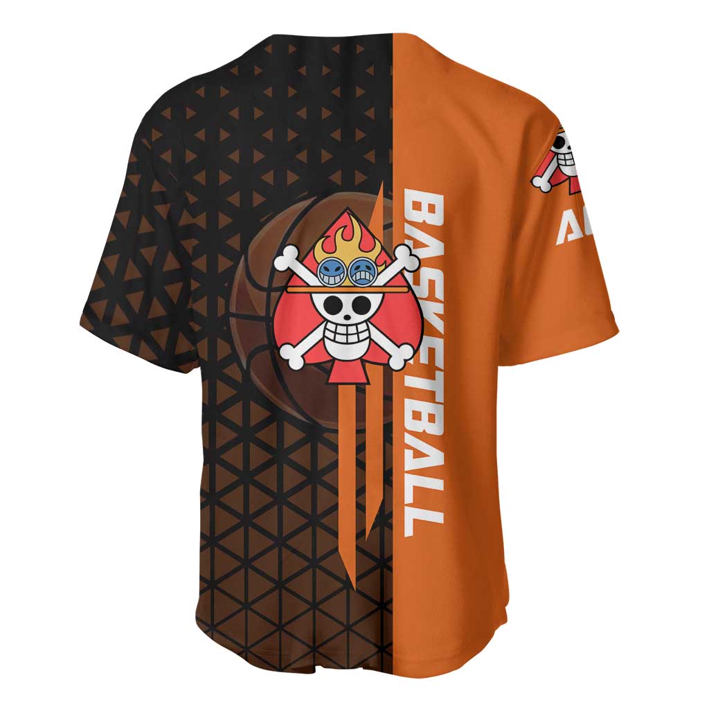 Portgas D Ace One Piece Basketball Theme Orange and Black Design Baseball Jersey with Flame Ball and Whitebeard Pirates Emblem - The Mazicc