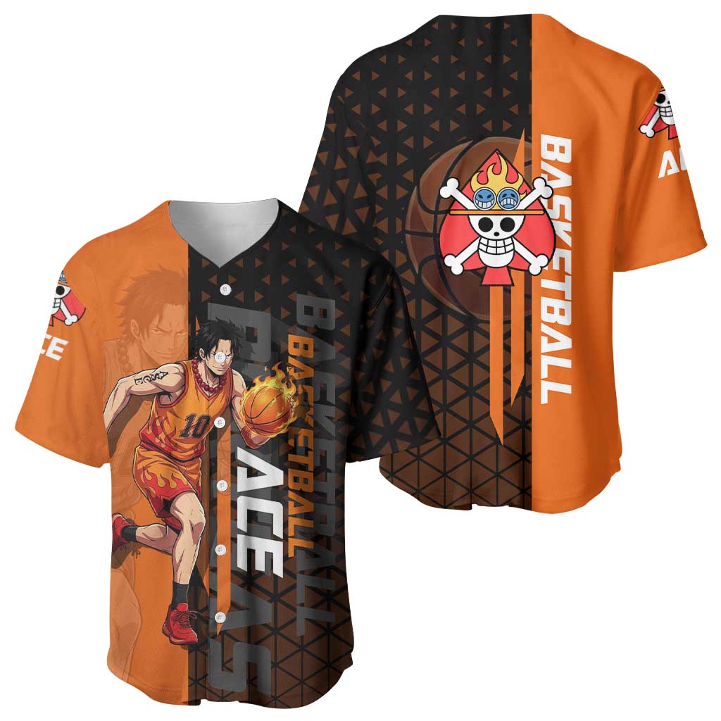 Portgas D Ace One Piece Basketball Theme Orange and Black Design Baseball Jersey with Flame Ball and Whitebeard Pirates Emblem - The Mazicc