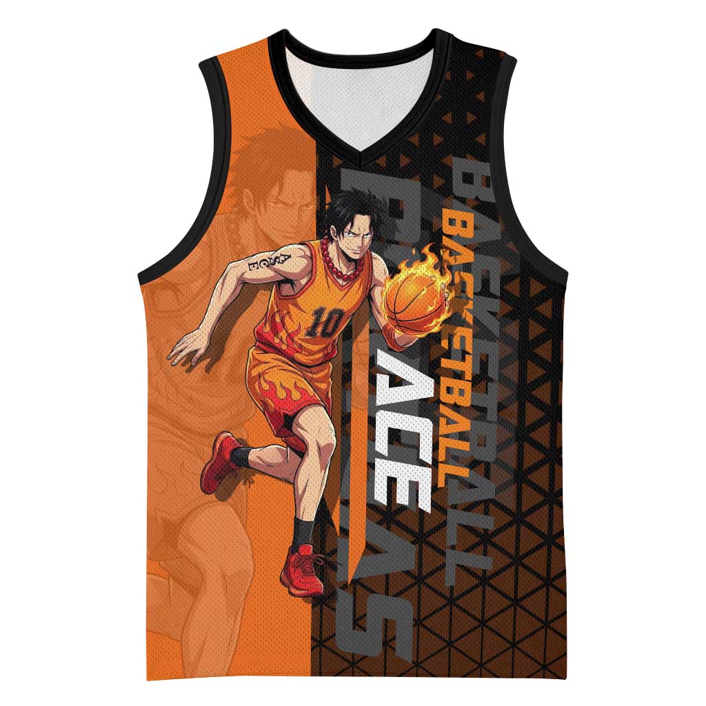Portgas D Ace One Piece Basketball Theme Orange and Black Design Basketball Jersey with Flame Ball and Whitebeard Pirates Emblem - The Mazicc