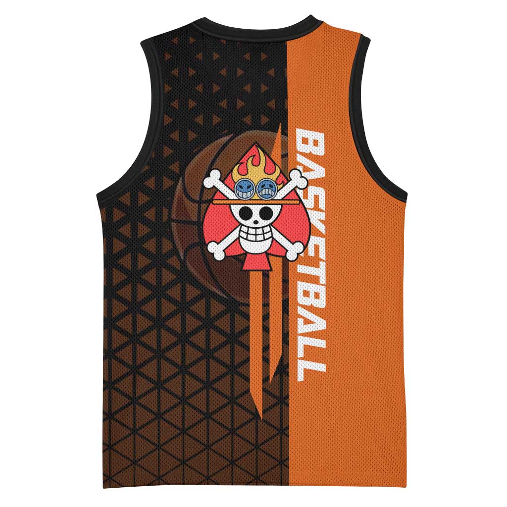Portgas D Ace One Piece Basketball Theme Orange and Black Design Basketball Jersey with Flame Ball and Whitebeard Pirates Emblem - The Mazicc