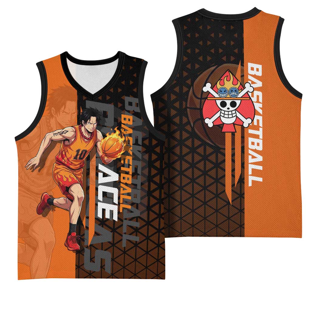Portgas D Ace One Piece Basketball Theme Orange and Black Design Basketball Jersey with Flame Ball and Whitebeard Pirates Emblem - The Mazicc
