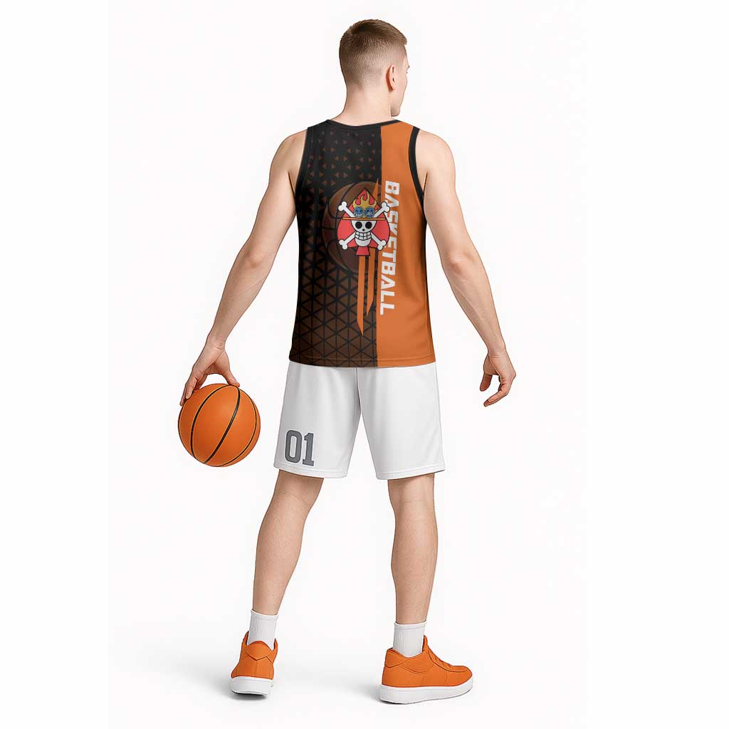 Portgas D Ace One Piece Basketball Theme Orange and Black Design Basketball Jersey with Flame Ball and Whitebeard Pirates Emblem - The Mazicc
