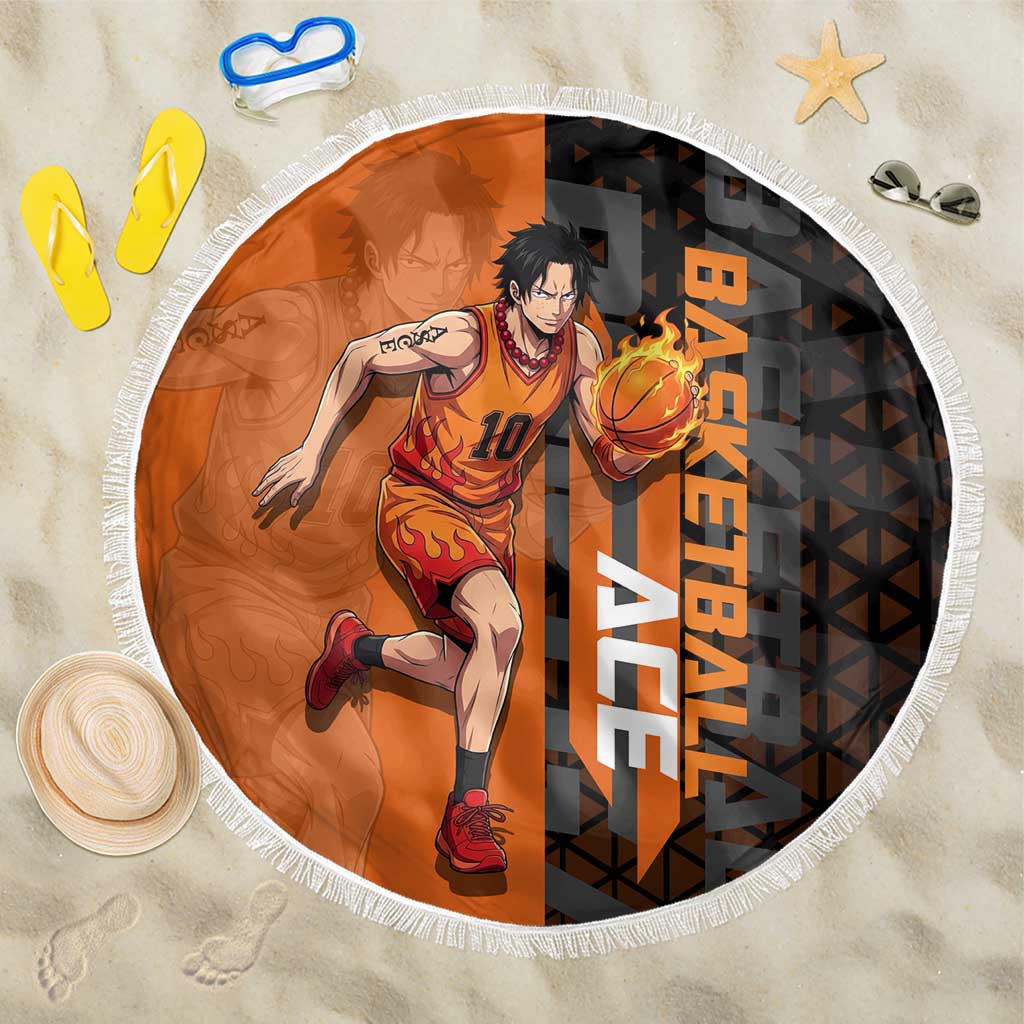Portgas D Ace One Piece Basketball Theme Orange and Black Design Beach Blanket with Flame Ball and Whitebeard Pirates Emblem - The Mazicc