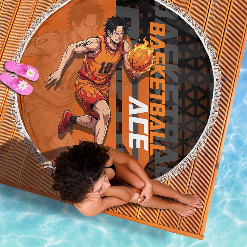 Portgas D Ace One Piece Basketball Theme Orange and Black Design Beach Blanket with Flame Ball and Whitebeard Pirates Emblem - The Mazicc