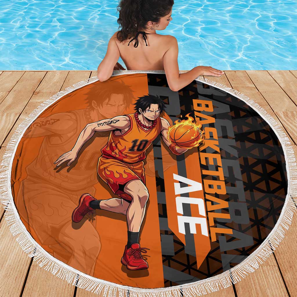 Portgas D Ace One Piece Basketball Theme Orange and Black Design Beach Blanket with Flame Ball and Whitebeard Pirates Emblem - The Mazicc
