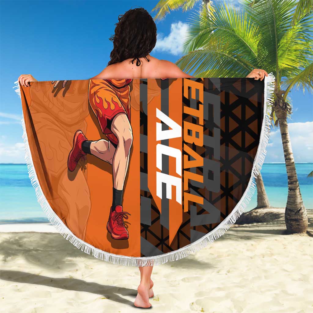 Portgas D Ace One Piece Basketball Theme Orange and Black Design Beach Blanket with Flame Ball and Whitebeard Pirates Emblem - The Mazicc