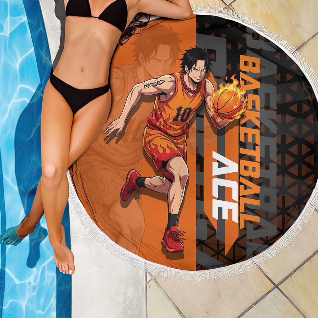 Portgas D Ace One Piece Basketball Theme Orange and Black Design Beach Blanket with Flame Ball and Whitebeard Pirates Emblem - The Mazicc