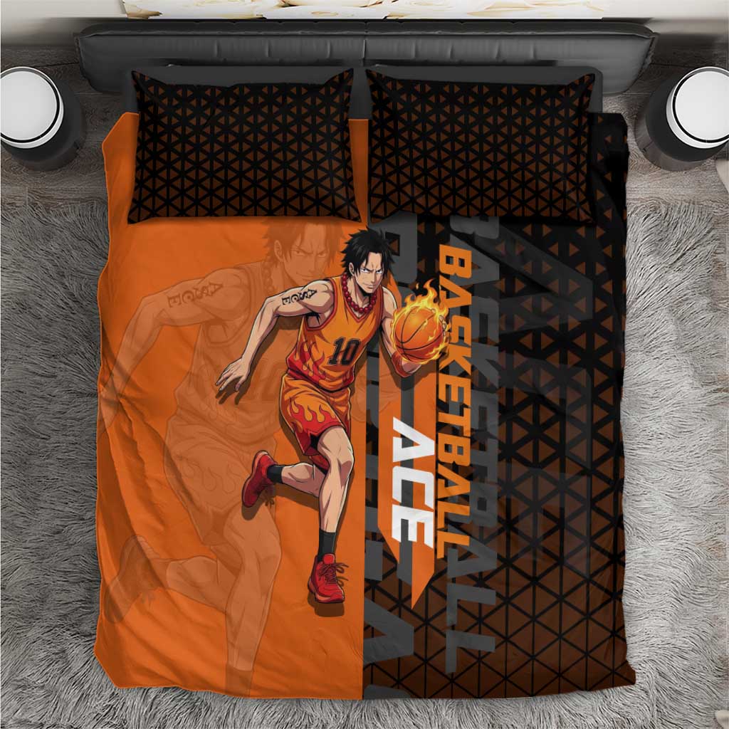 Portgas D Ace One Piece Basketball Theme Orange and Black Design Bedding Set with Flame Ball and Whitebeard Pirates Emblem - The Mazicc