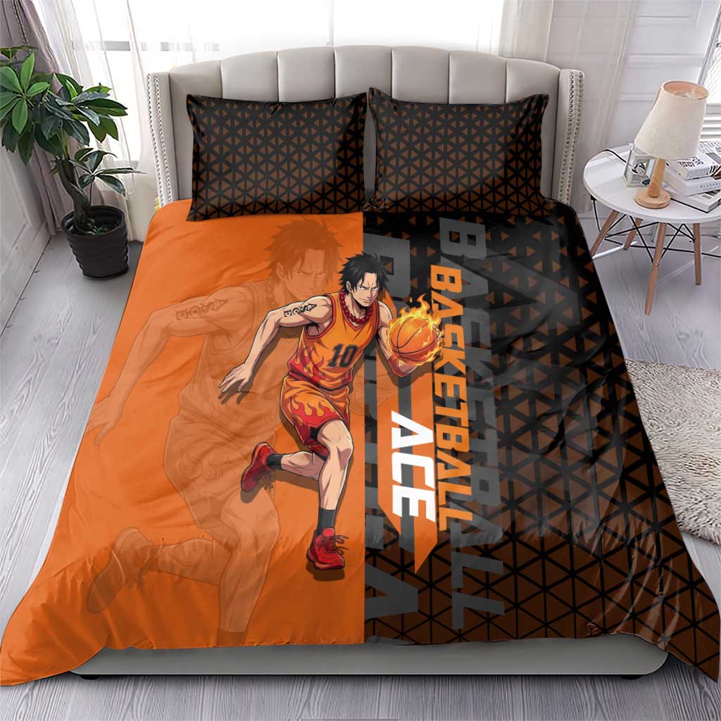 Portgas D Ace One Piece Basketball Theme Orange and Black Design Bedding Set with Flame Ball and Whitebeard Pirates Emblem - The Mazicc