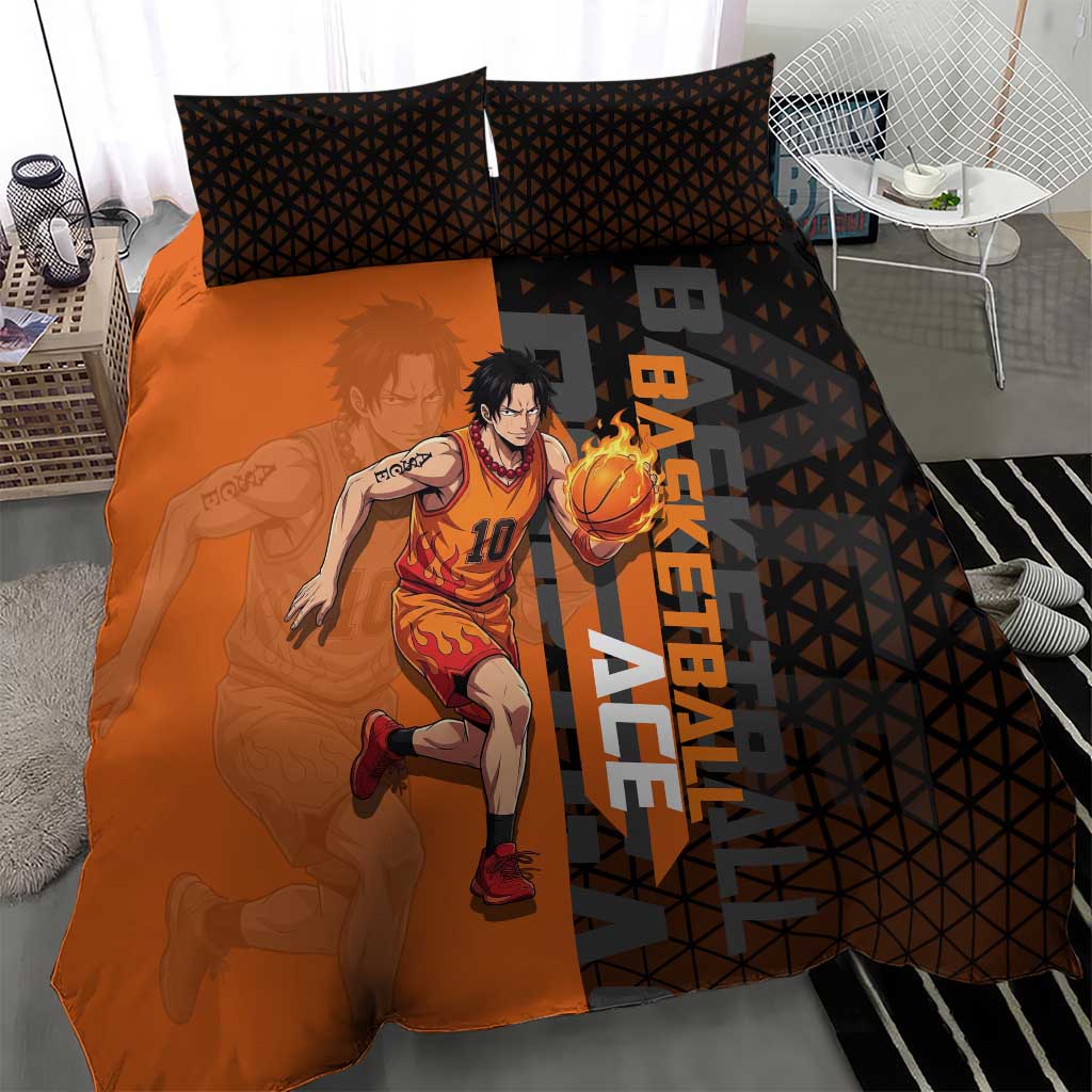 Portgas D Ace One Piece Basketball Theme Orange and Black Design Bedding Set with Flame Ball and Whitebeard Pirates Emblem - The Mazicc
