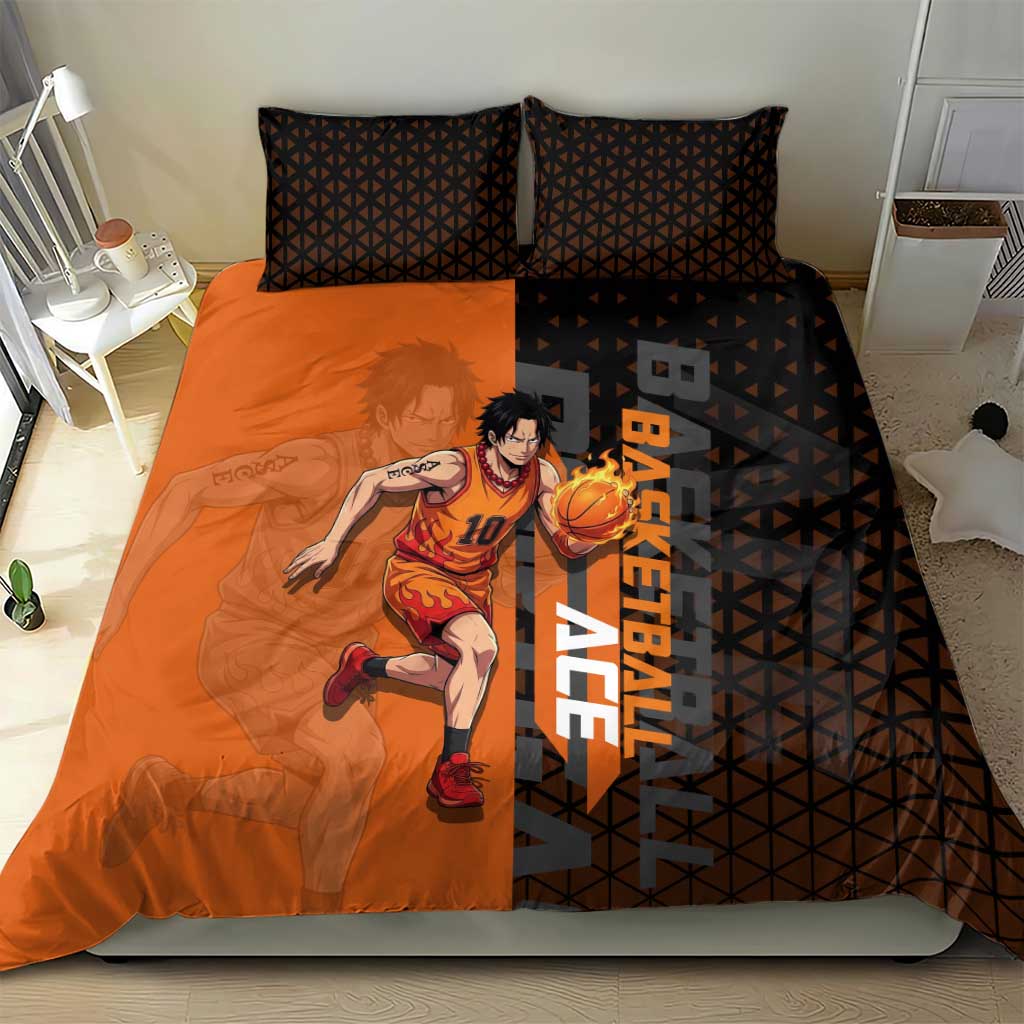 Portgas D Ace One Piece Basketball Theme Orange and Black Design Bedding Set with Flame Ball and Whitebeard Pirates Emblem - The Mazicc