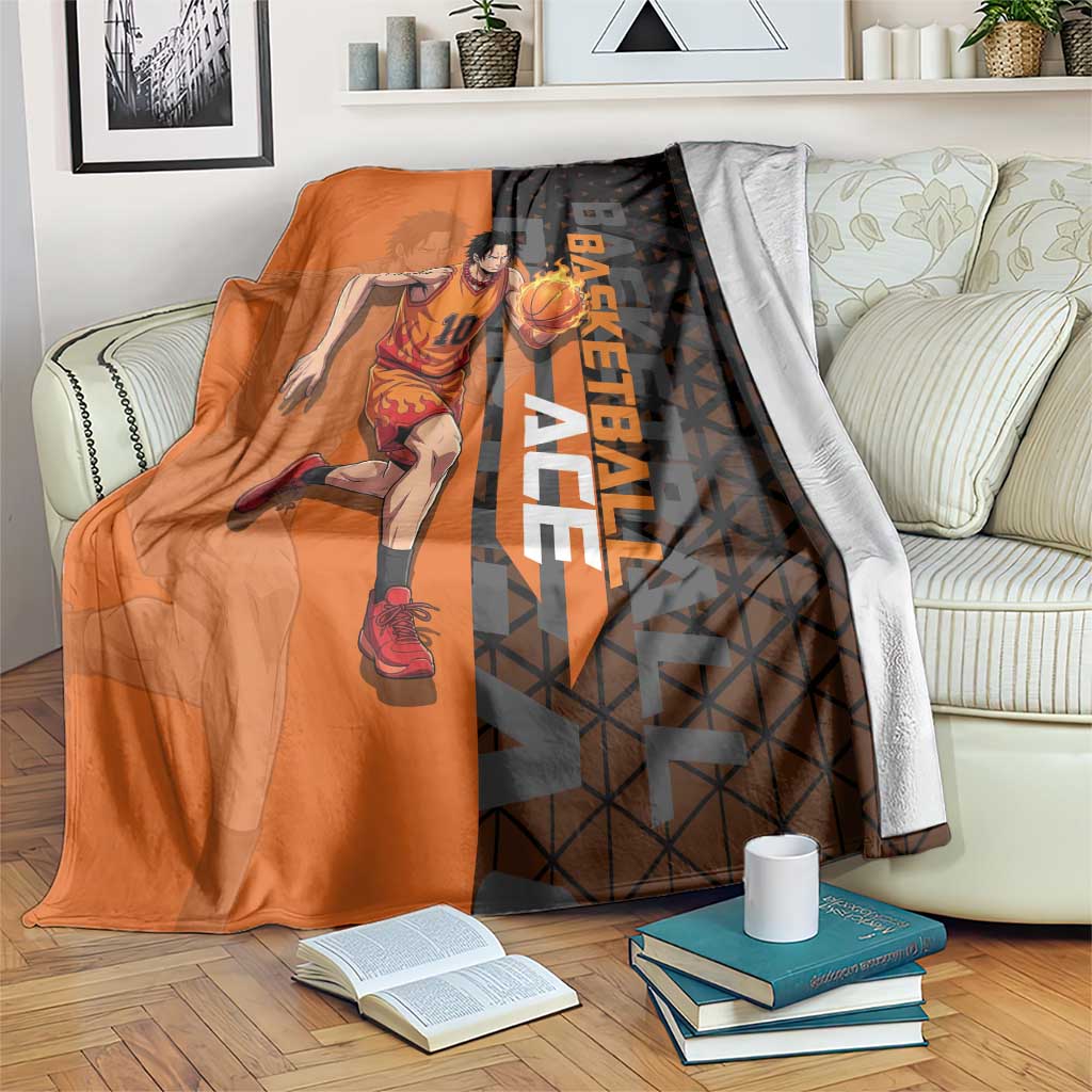 Portgas D Ace One Piece Basketball Theme Orange and Black Design Blanket with Flame Ball and Whitebeard Pirates Emblem - The Mazicc