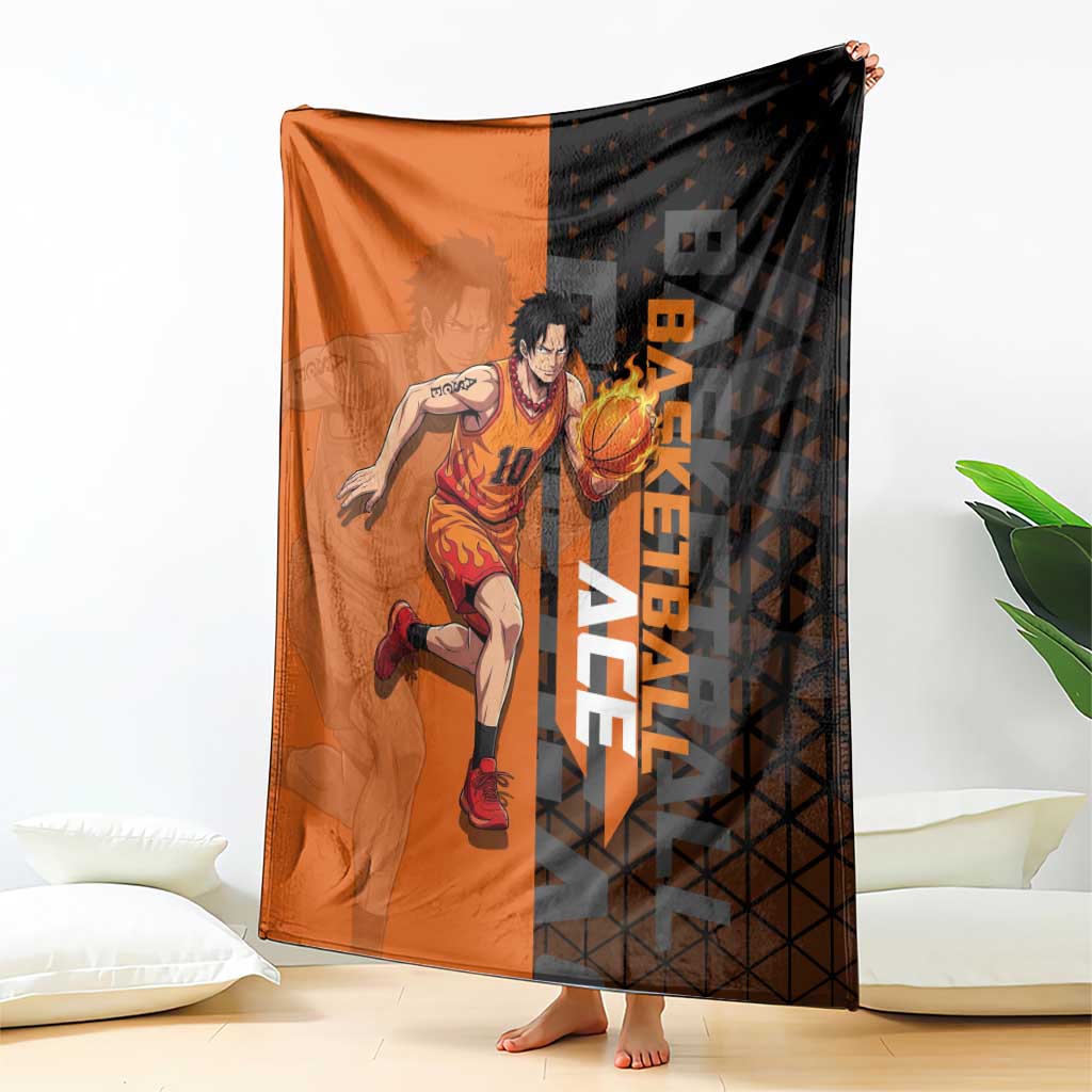 Portgas D Ace One Piece Basketball Theme Orange and Black Design Blanket with Flame Ball and Whitebeard Pirates Emblem - The Mazicc