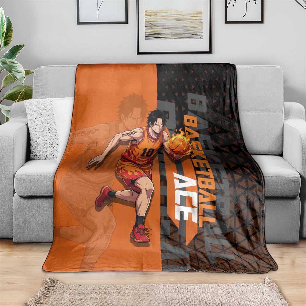 Portgas D Ace One Piece Basketball Theme Orange and Black Design Blanket with Flame Ball and Whitebeard Pirates Emblem - The Mazicc