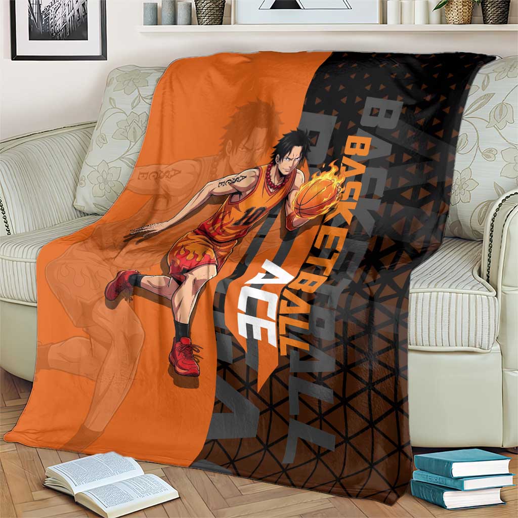 Portgas D Ace One Piece Basketball Theme Orange and Black Design Blanket with Flame Ball and Whitebeard Pirates Emblem - The Mazicc