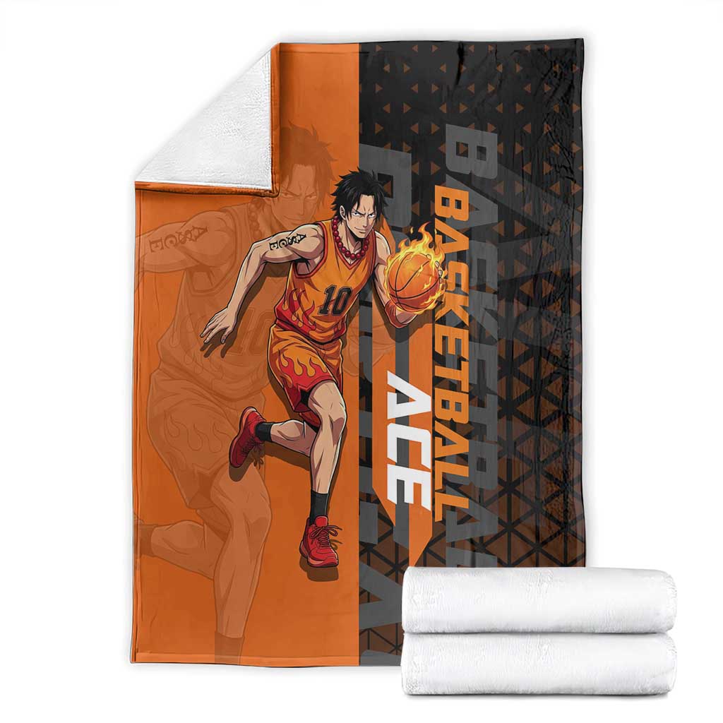 Portgas D Ace One Piece Basketball Theme Orange and Black Design Blanket with Flame Ball and Whitebeard Pirates Emblem - The Mazicc