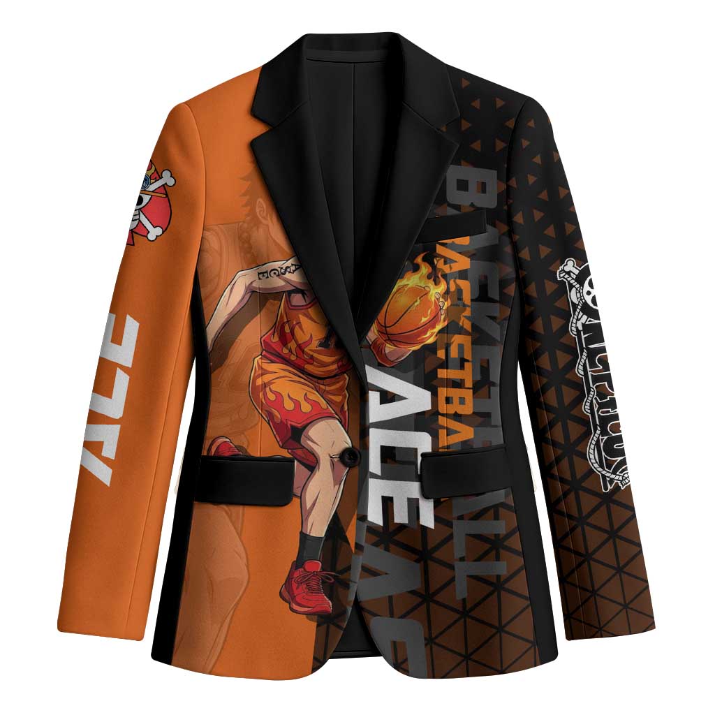Portgas D Ace One Piece Basketball Theme Orange and Black Design Blazer with Flame Ball and Whitebeard Pirates Emblem - The Mazicc