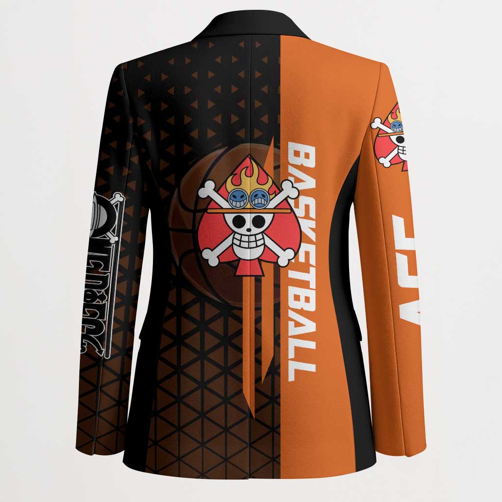 Portgas D Ace One Piece Basketball Theme Orange and Black Design Blazer with Flame Ball and Whitebeard Pirates Emblem - The Mazicc
