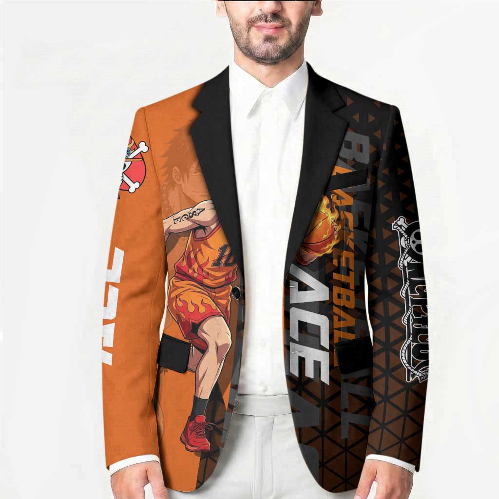 Portgas D Ace One Piece Basketball Theme Orange and Black Design Blazer with Flame Ball and Whitebeard Pirates Emblem - The Mazicc