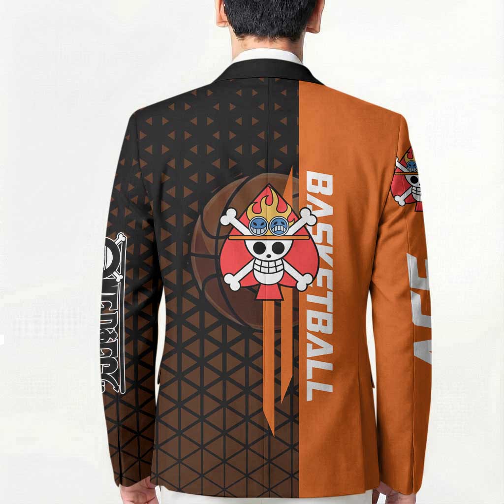 Portgas D Ace One Piece Basketball Theme Orange and Black Design Blazer with Flame Ball and Whitebeard Pirates Emblem - The Mazicc