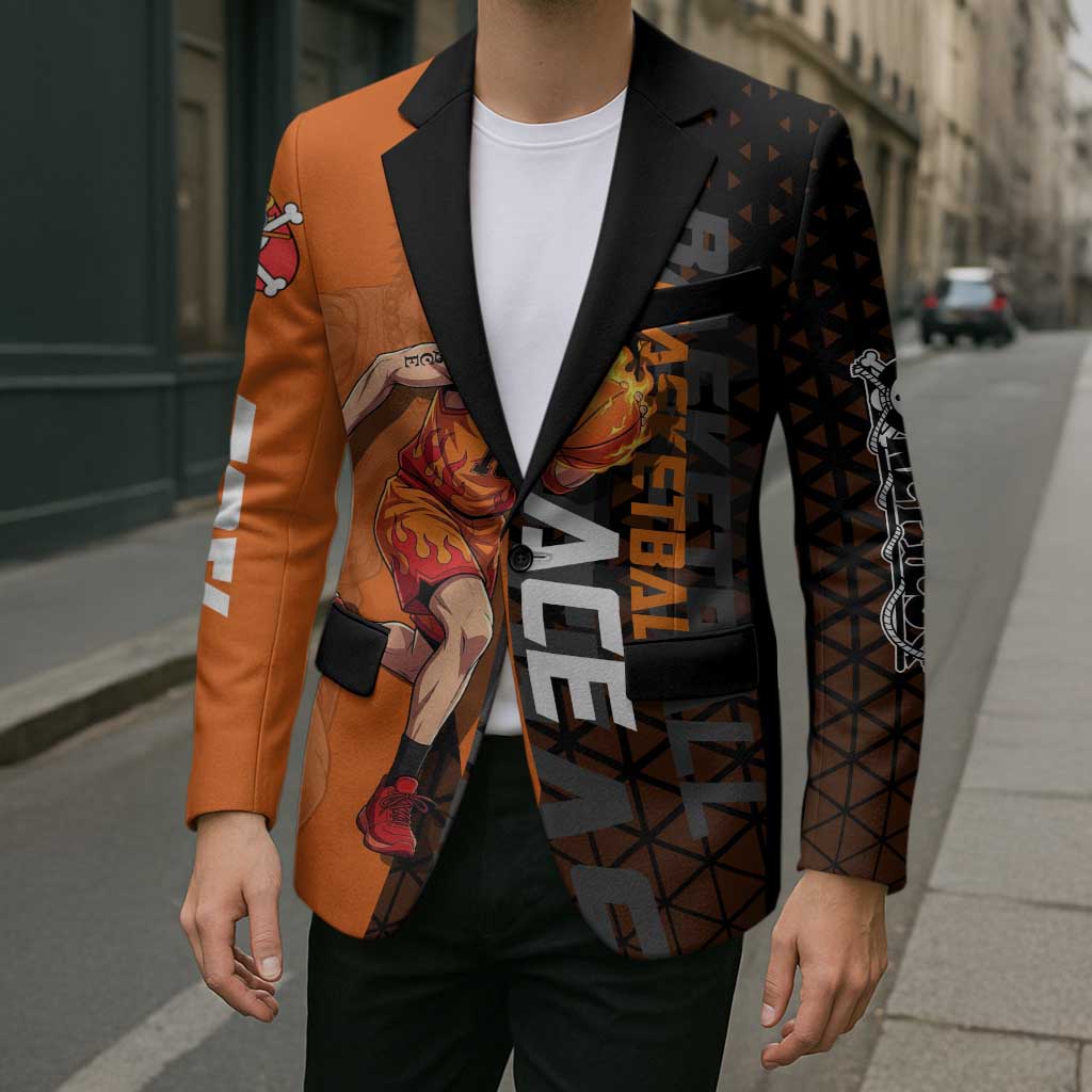 Portgas D Ace One Piece Basketball Theme Orange and Black Design Blazer with Flame Ball and Whitebeard Pirates Emblem - The Mazicc