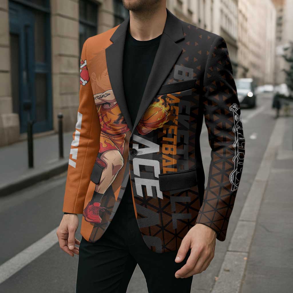 Portgas D Ace One Piece Basketball Theme Orange and Black Design Blazer with Flame Ball and Whitebeard Pirates Emblem - The Mazicc