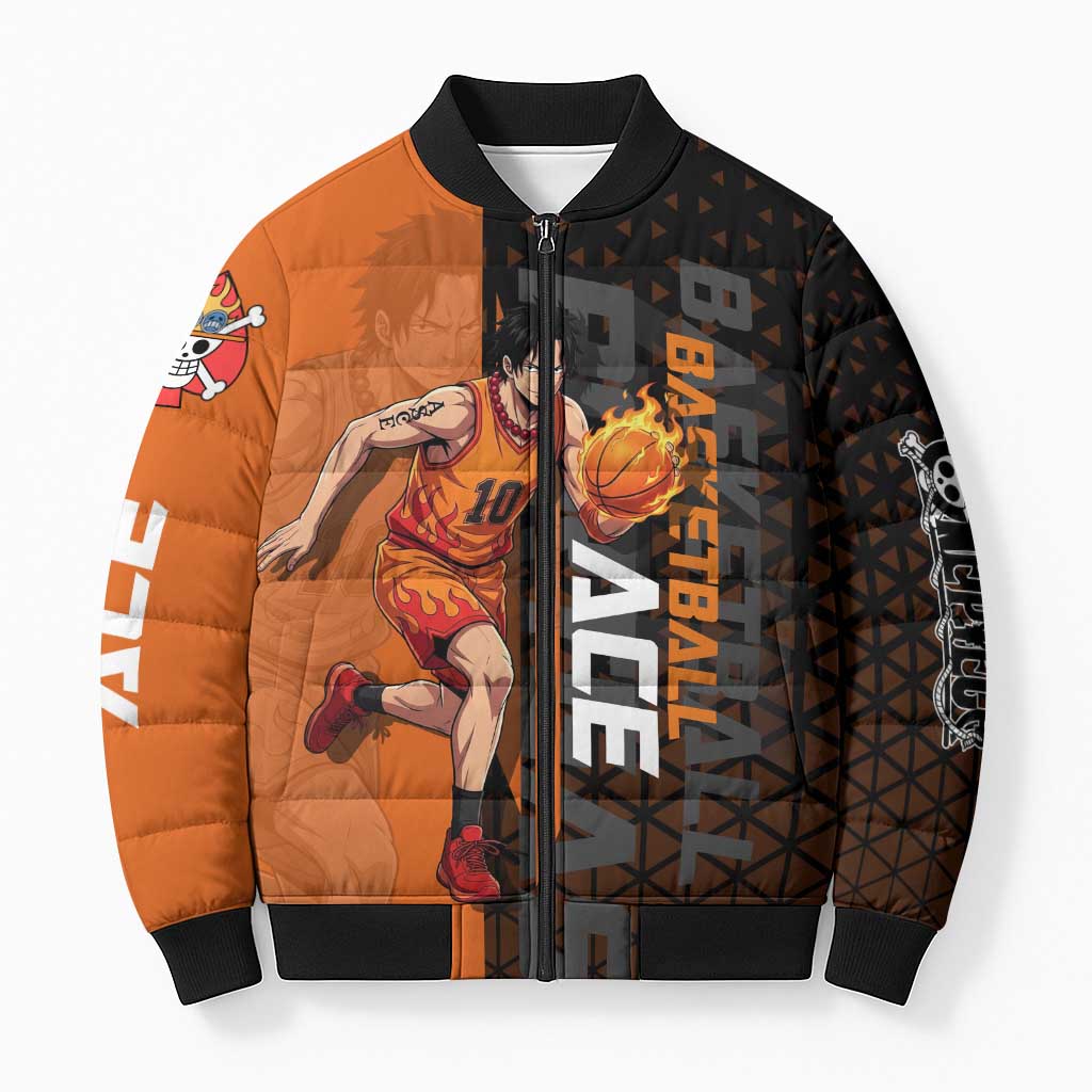 Portgas D Ace One Piece Basketball Theme Orange and Black Design Bomber Puffer Jacket with Flame Ball and Whitebeard Pirates Emblem - The Mazicc