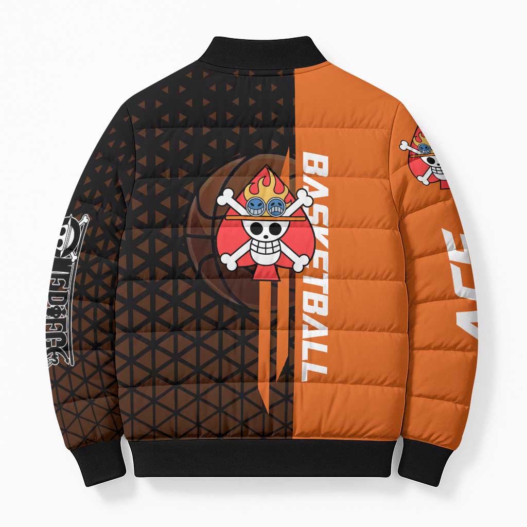 Portgas D Ace One Piece Basketball Theme Orange and Black Design Bomber Puffer Jacket with Flame Ball and Whitebeard Pirates Emblem - The Mazicc