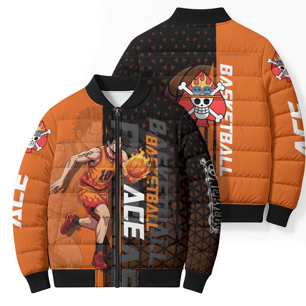 Portgas D Ace One Piece Basketball Theme Orange and Black Design Bomber Puffer Jacket with Flame Ball and Whitebeard Pirates Emblem - The Mazicc