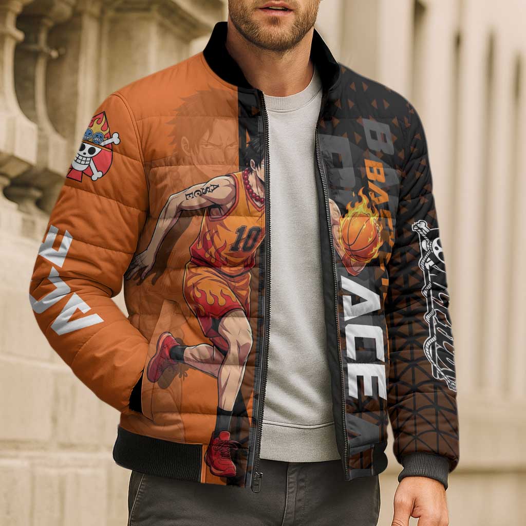 Portgas D Ace One Piece Basketball Theme Orange and Black Design Bomber Puffer Jacket with Flame Ball and Whitebeard Pirates Emblem - The Mazicc