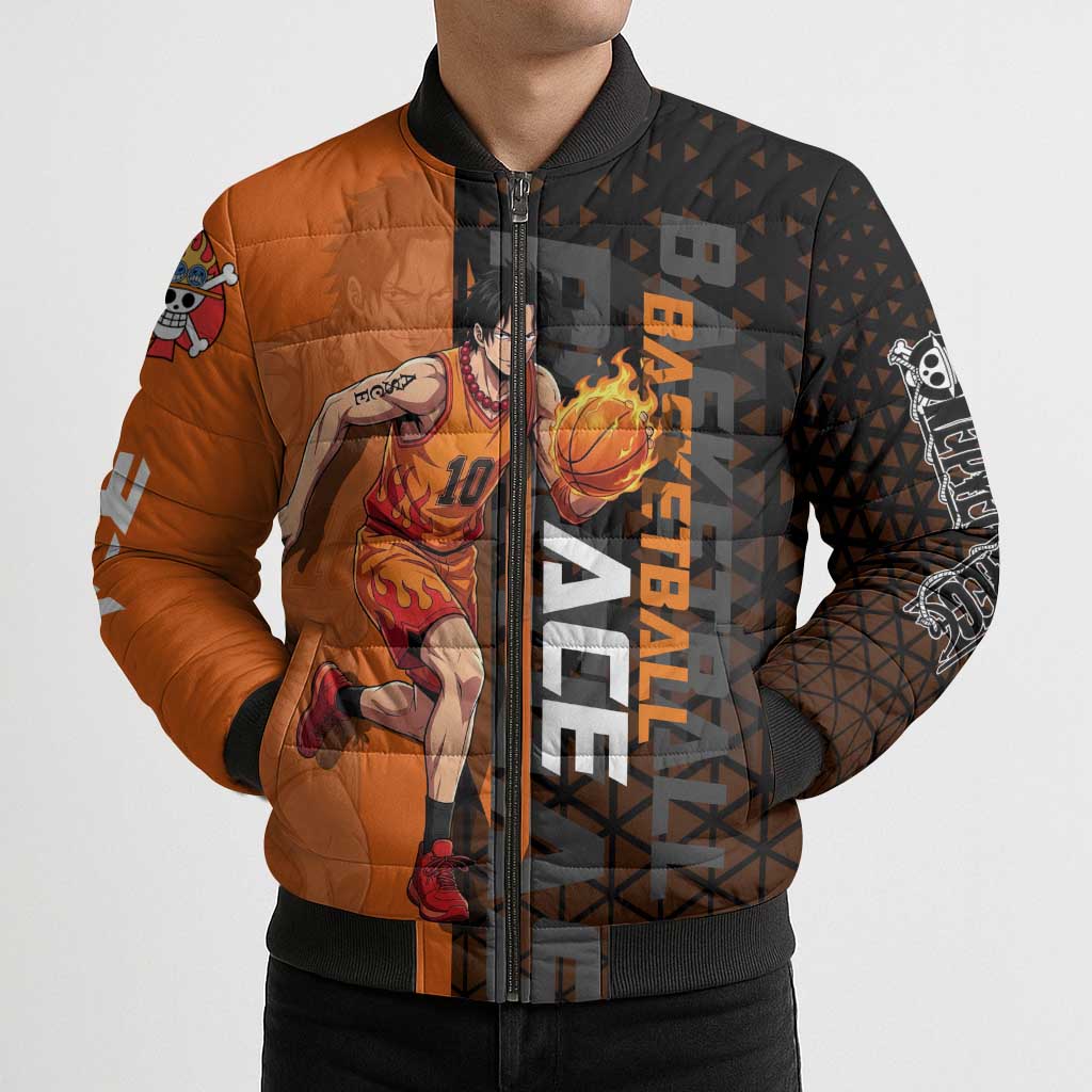 Portgas D Ace One Piece Basketball Theme Orange and Black Design Bomber Puffer Jacket with Flame Ball and Whitebeard Pirates Emblem - The Mazicc