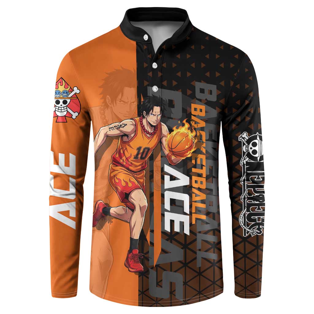 Portgas D Ace One Piece Basketball Theme Orange and Black Design Button Sweatshirt with Flame Ball and Whitebeard Pirates Emblem - The Mazicc