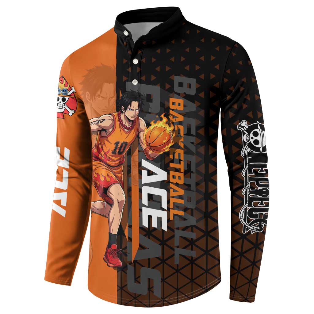Portgas D Ace One Piece Basketball Theme Orange and Black Design Button Sweatshirt with Flame Ball and Whitebeard Pirates Emblem - The Mazicc