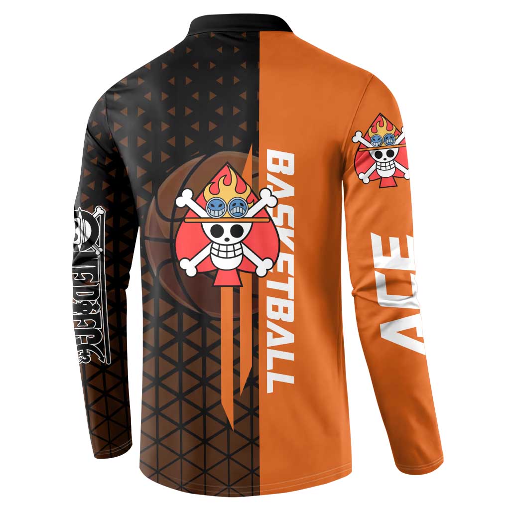 Portgas D Ace One Piece Basketball Theme Orange and Black Design Button Sweatshirt with Flame Ball and Whitebeard Pirates Emblem - The Mazicc