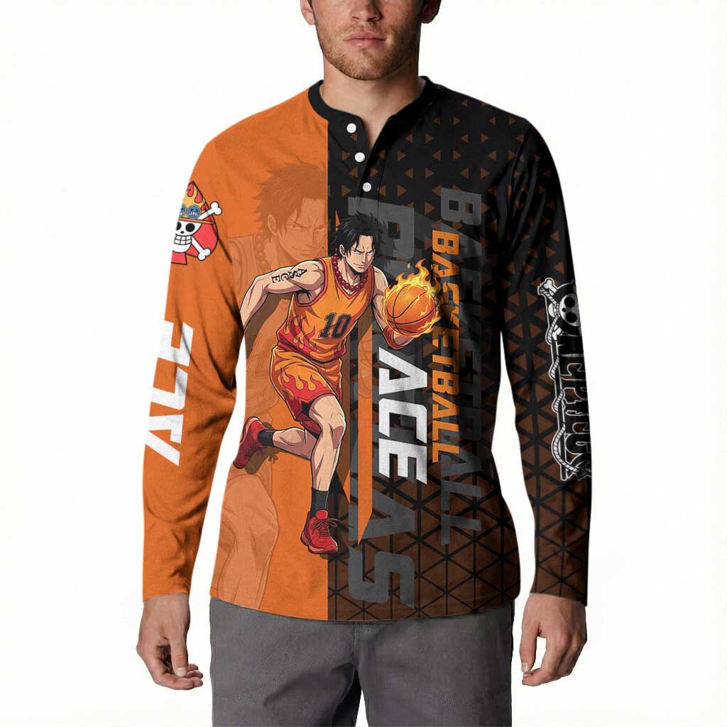 Portgas D Ace One Piece Basketball Theme Orange and Black Design Button Sweatshirt with Flame Ball and Whitebeard Pirates Emblem - The Mazicc