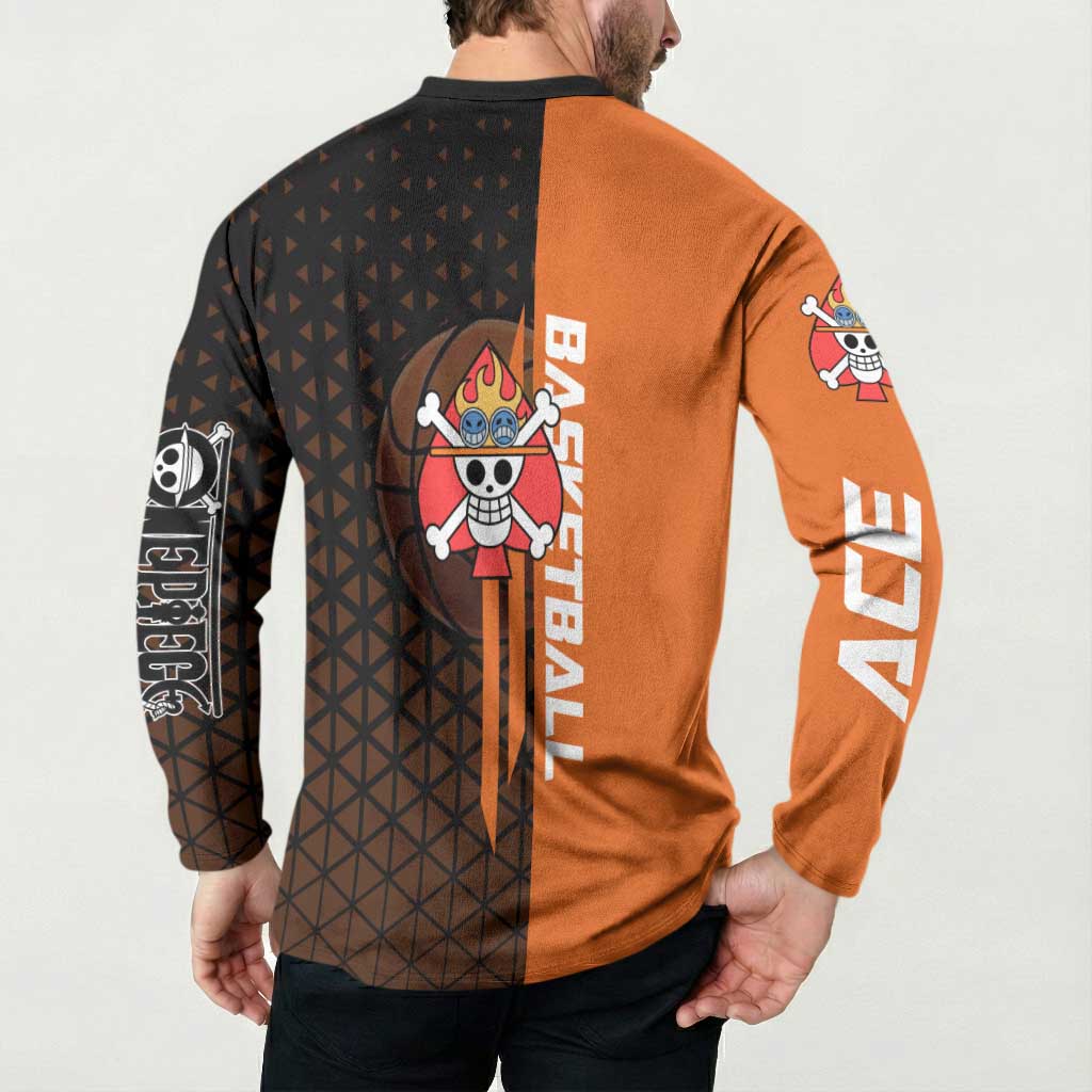 Portgas D Ace One Piece Basketball Theme Orange and Black Design Button Sweatshirt with Flame Ball and Whitebeard Pirates Emblem - The Mazicc