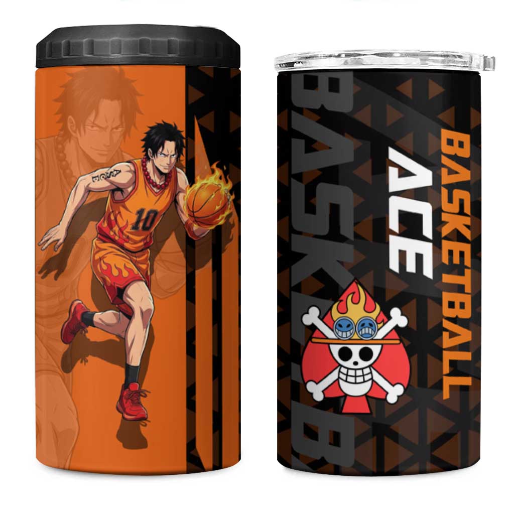 Portgas D Ace One Piece Basketball Theme Orange and Black Design 4 in 1 Can Cooler Tumbler with Flame Ball and Whitebeard Pirates Emblem - The Mazicc