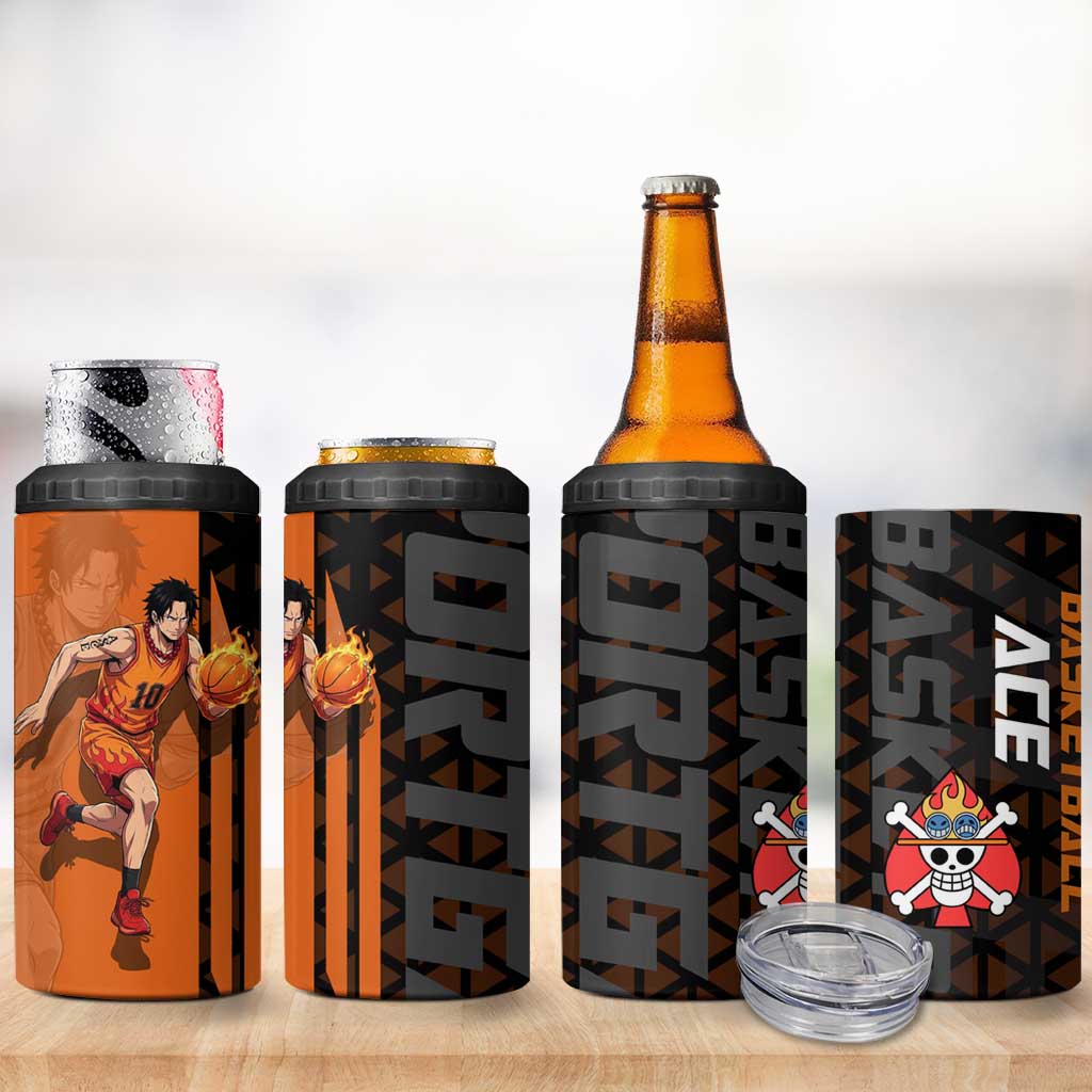 Portgas D Ace One Piece Basketball Theme Orange and Black Design 4 in 1 Can Cooler Tumbler with Flame Ball and Whitebeard Pirates Emblem - The Mazicc